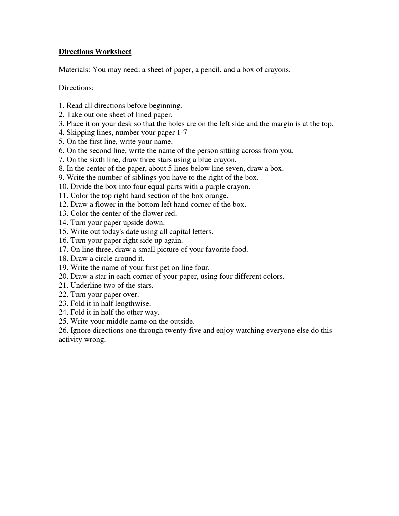 printable following directions worksheet