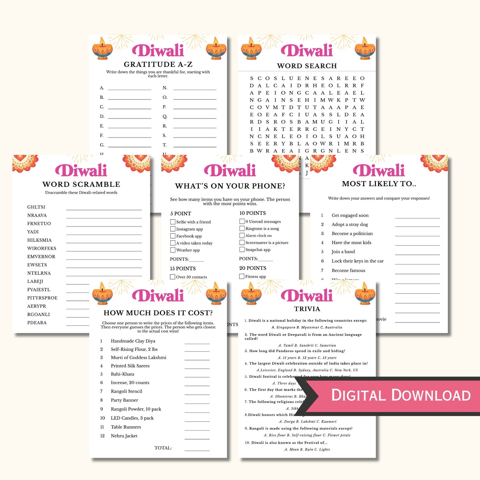 15 Diwali Games Bundle Printable Diwali Games For Kids Teens Adults 