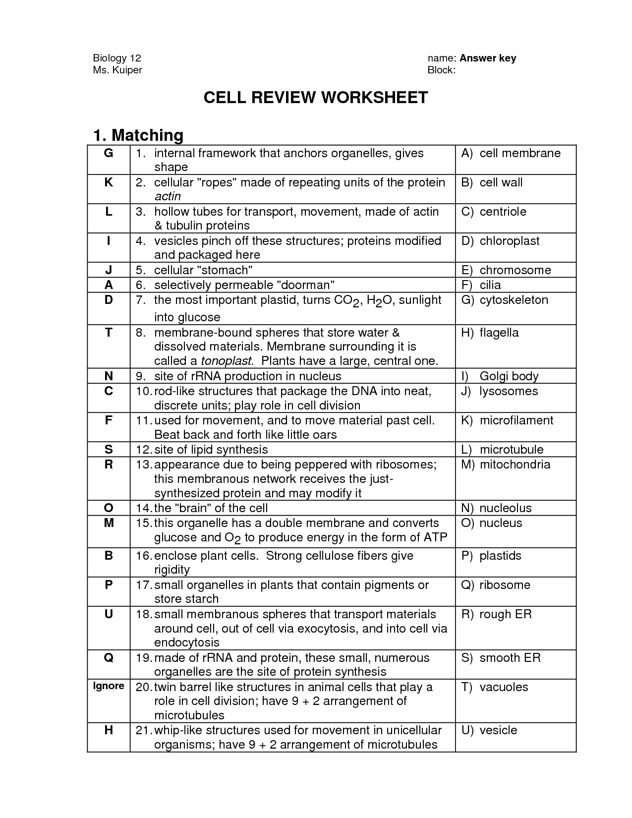 biology cell organelles worksheet