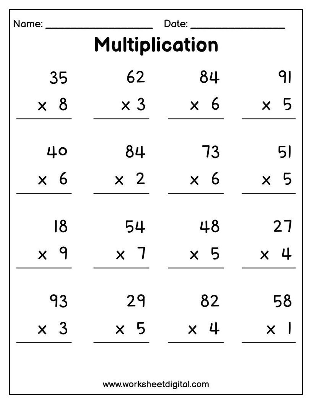 2 digit multiplication worksheets