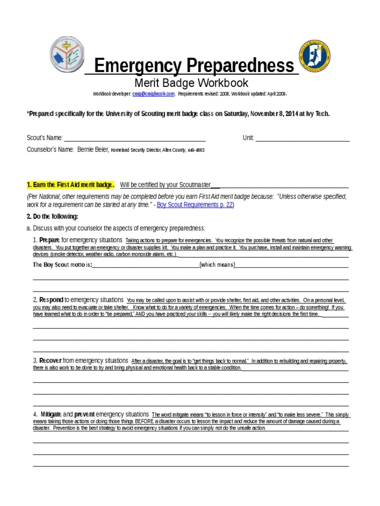 2014 Emergency Preparedness Merit Badge Workbook PDF Emergency 