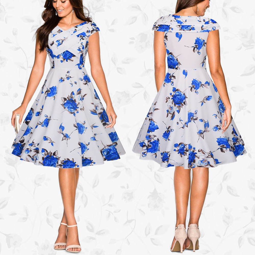 2019 Spring And Summer New Cross Collar Fashion Print Dress Blue 