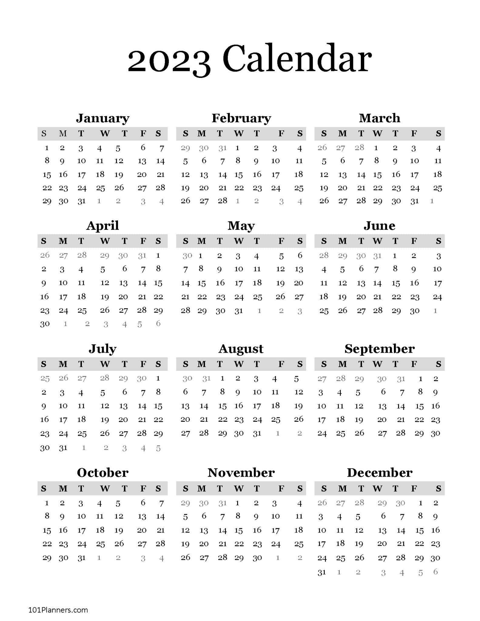 2023 Yearly Calendar With Blank Notes Free Printable Templates Riset