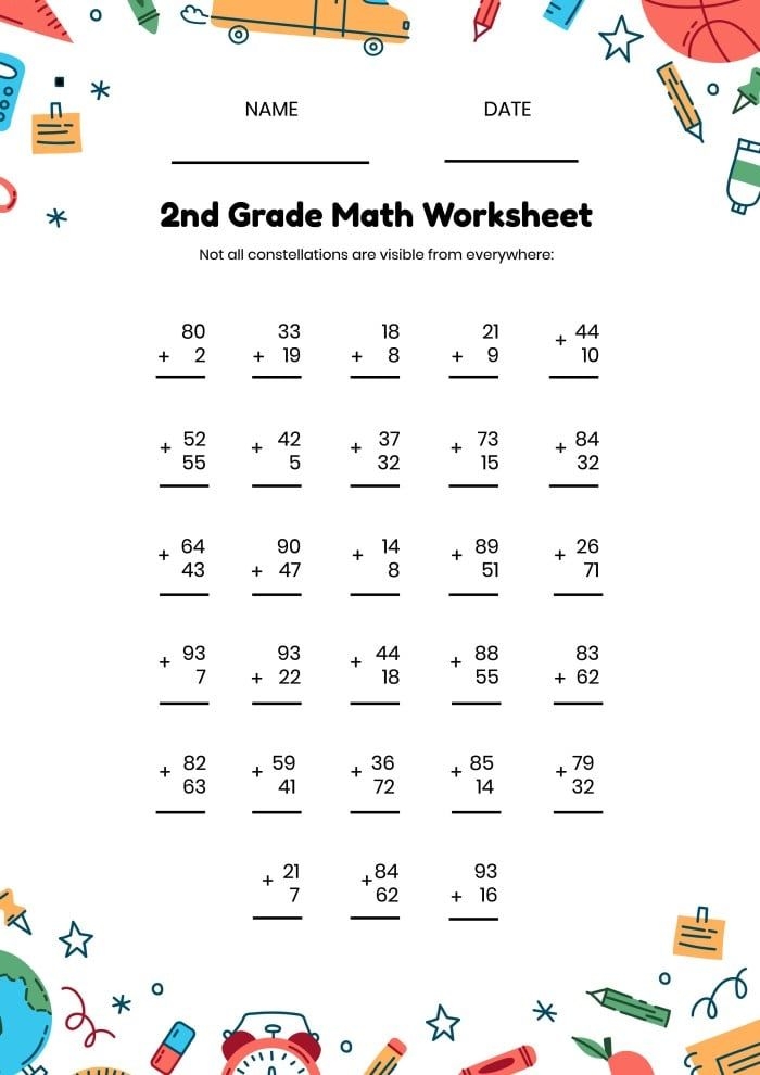 2nd Grade Math Worksheet With School Supplies And Numbers