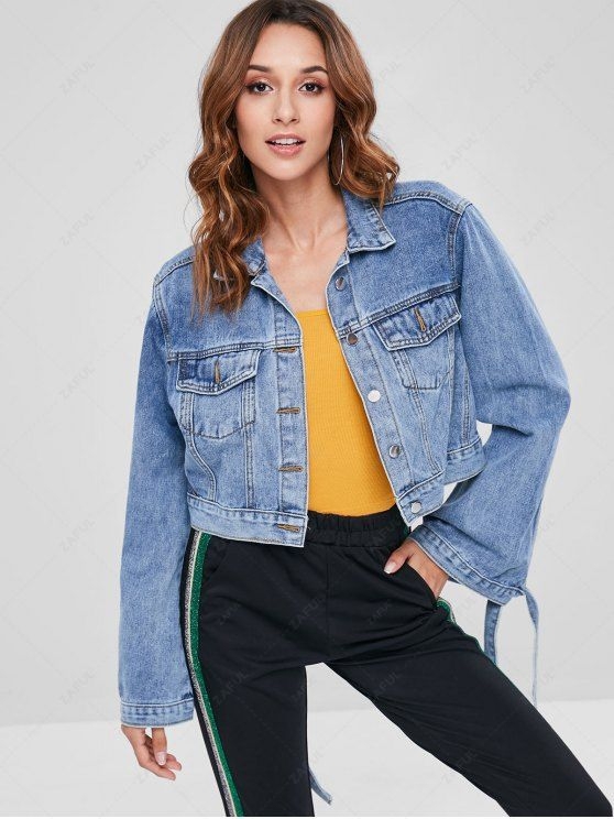  34 OFF 2021 Tie Sleeve Crop Denim Jacket In DENIM DARK BLUE ZAFUL
