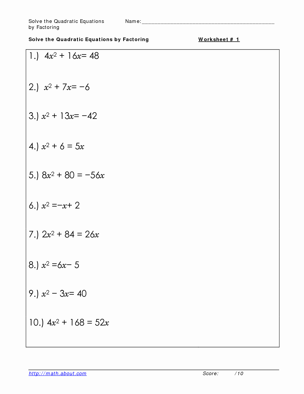47 Factoring Quadratic Equations Worksheet