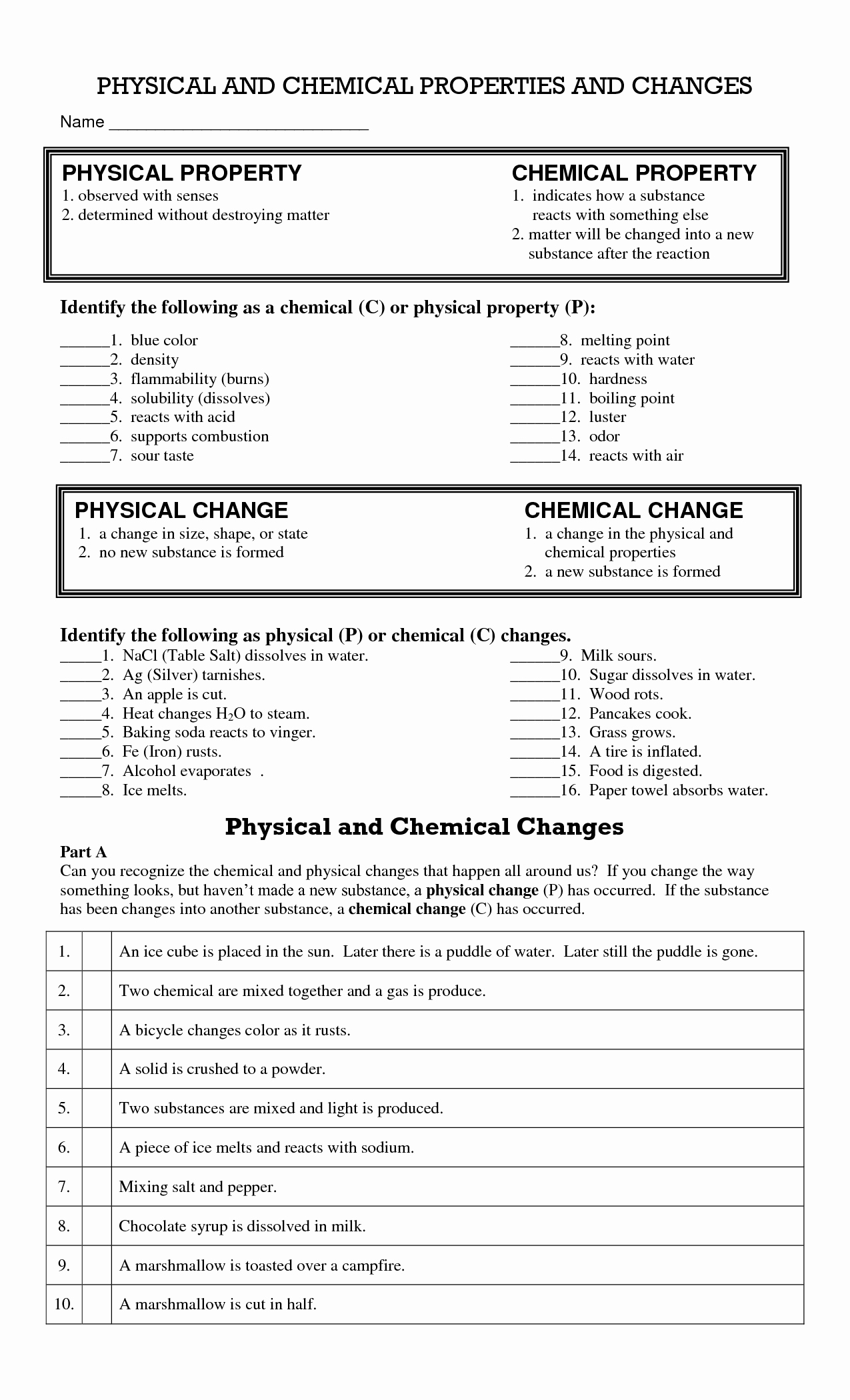 47 Physical Vs Chemical Changes Worksheet