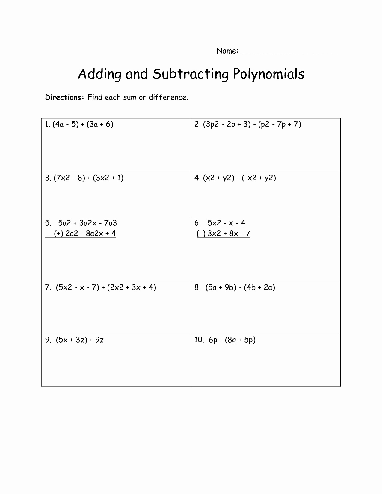 adding polynomials worksheet