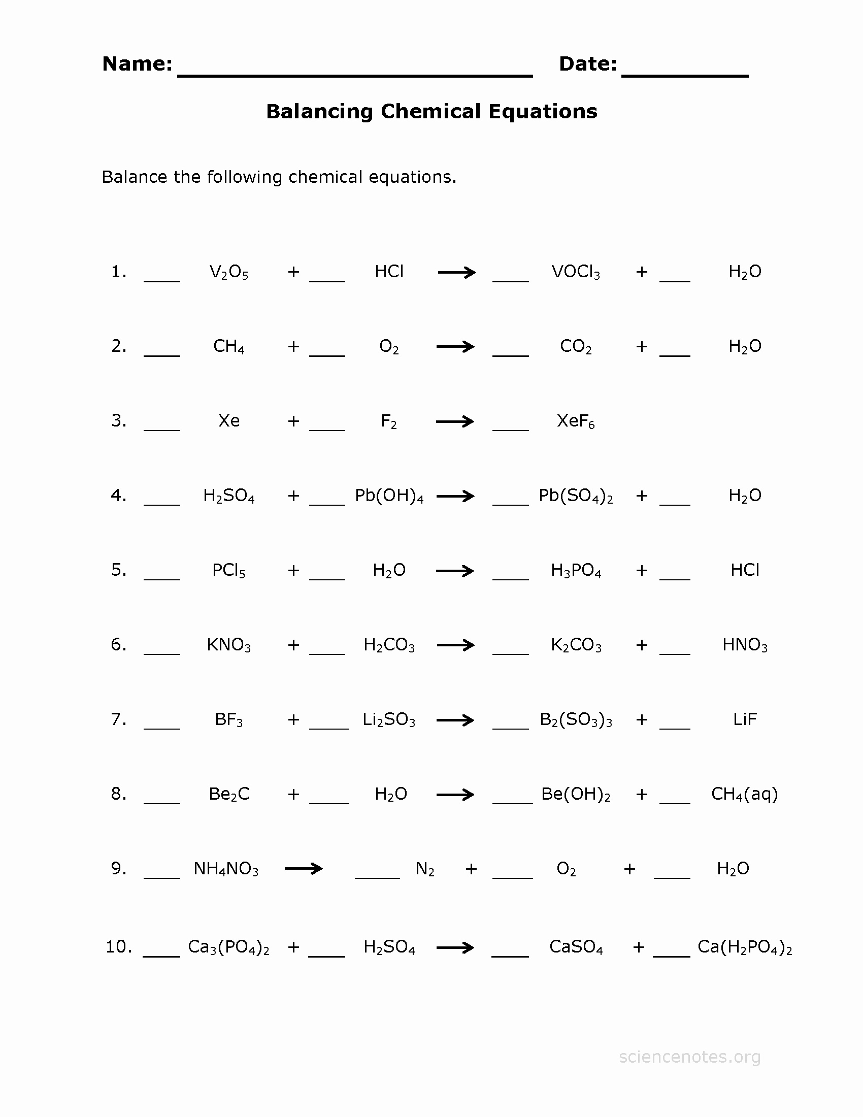 balancing chemical equations worksheet answers