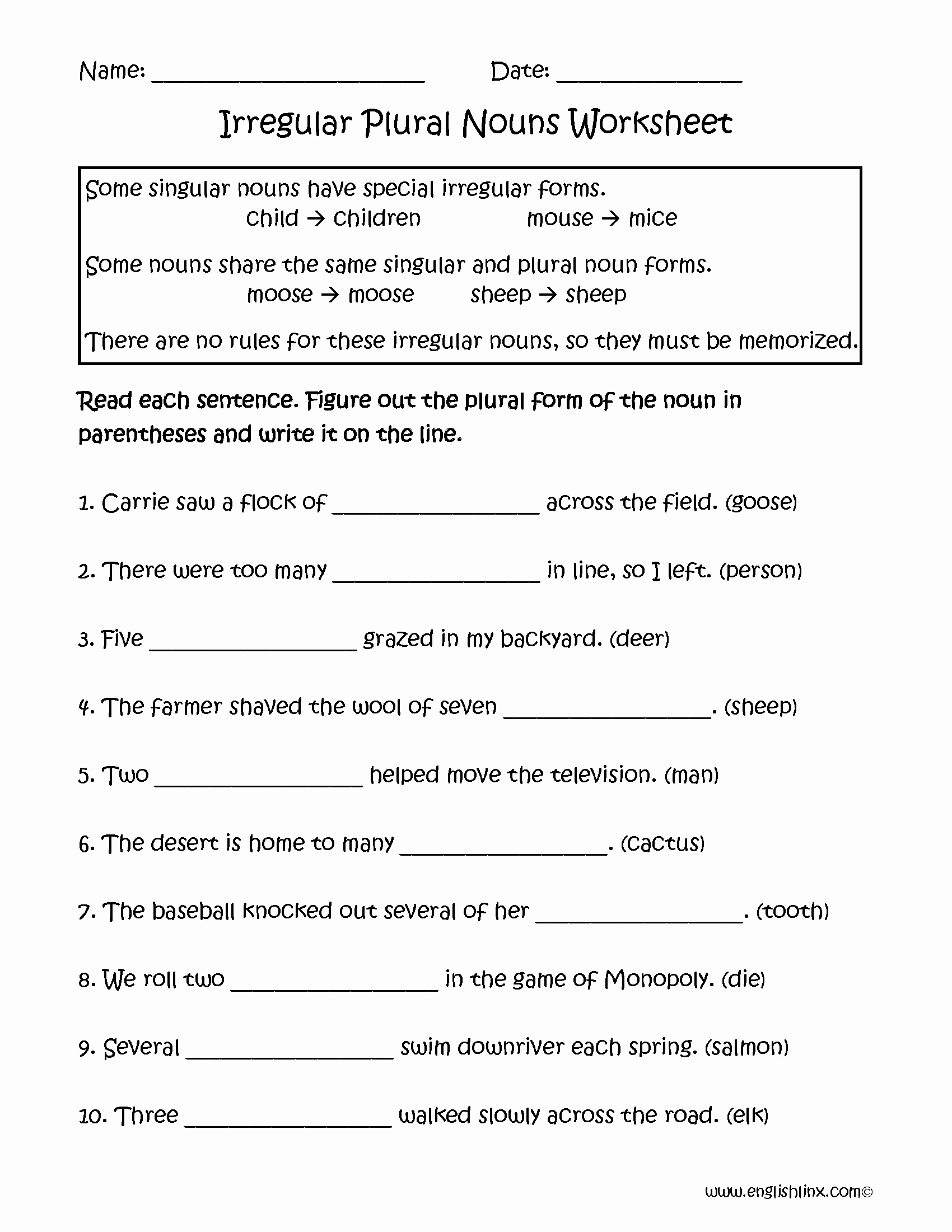 50 Irregular Plural Nouns Worksheet