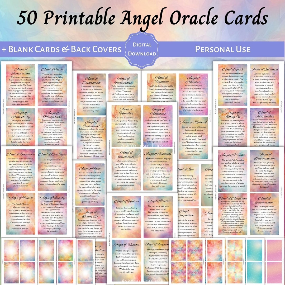 50 PRINTABLE Angel Oracle Cards Personal Use Colorful Spiritual 