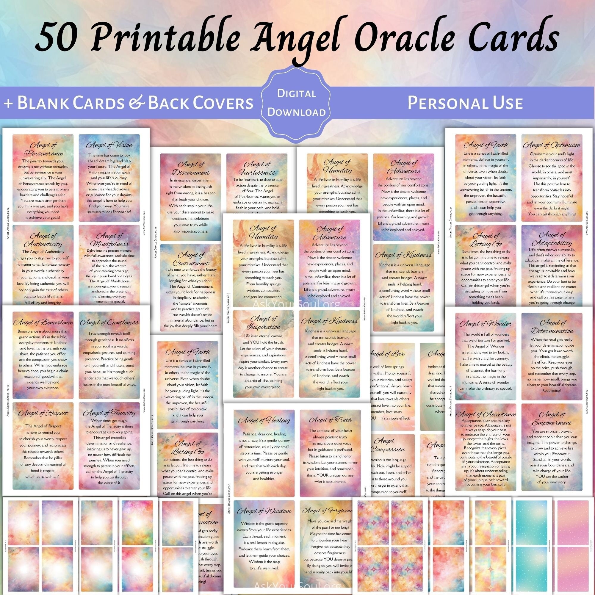 50 PRINTABLE Angel Oracle Cards Personal Use Colorful Spiritual 
