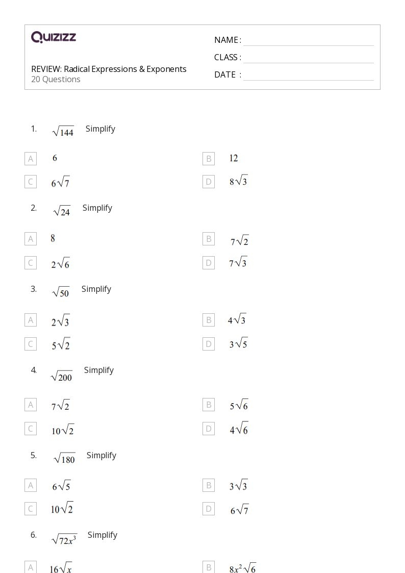 50 Radical Expressions Worksheets On Quizizz Free Printable 