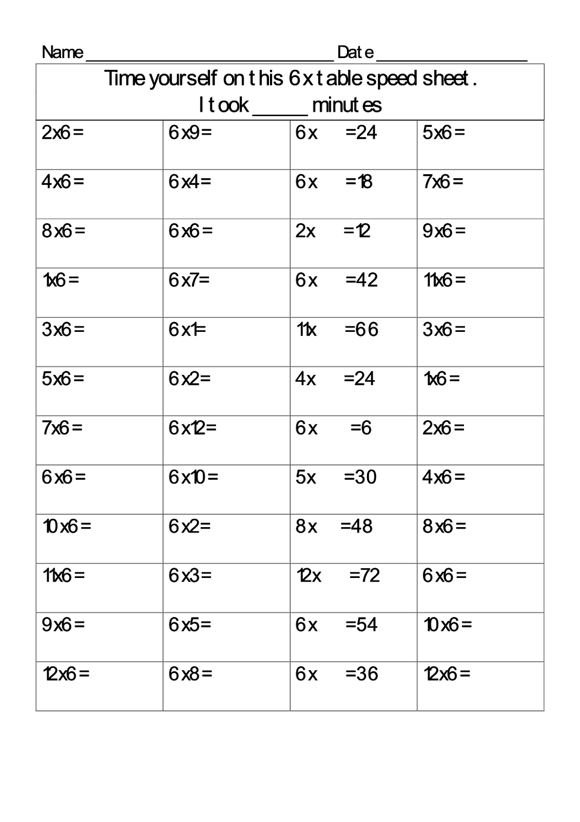 6 Times Table Worksheet E streetlight