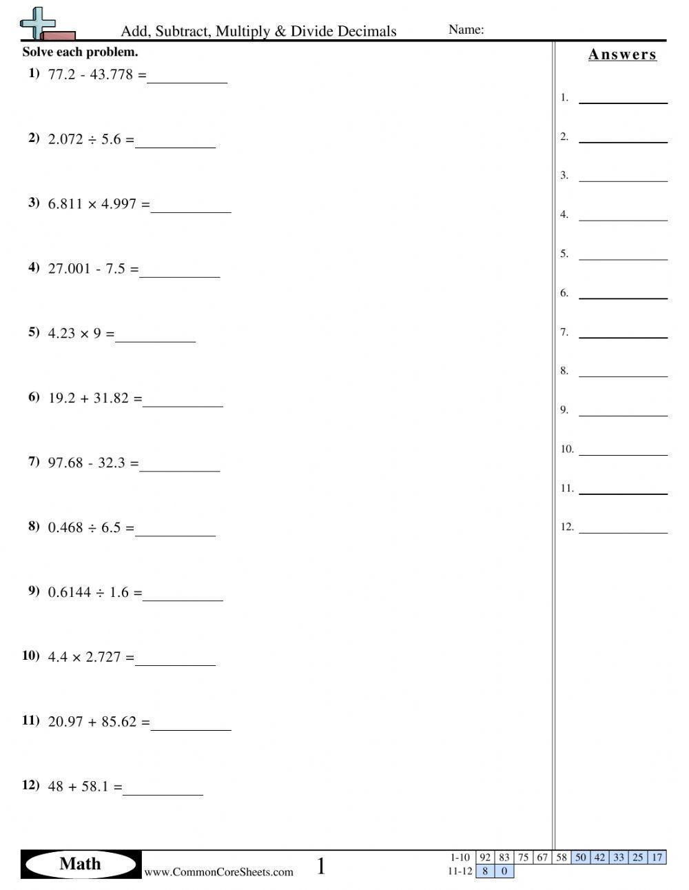 6th Grade Decimal Addition And Subtraction Free Printable Worksheets 