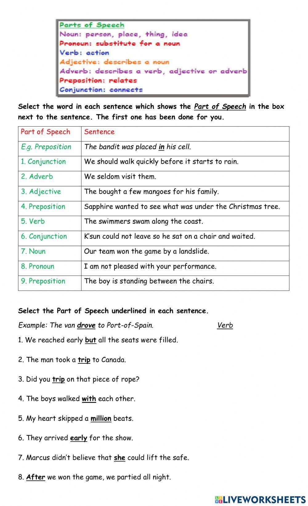 7 Parts Of Speech Worksheet Live Worksheets Worksheets Library
