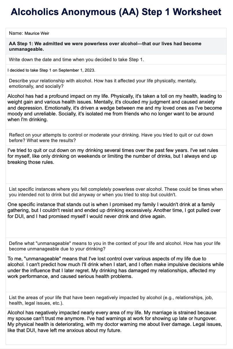 AA Step 1 Worksheet Example Free PDF Download Worksheets Library