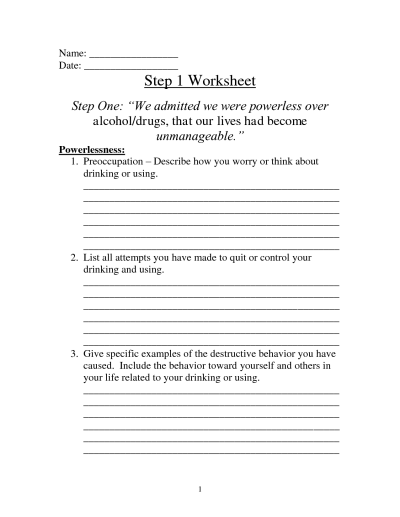 aa step 1 worksheet
