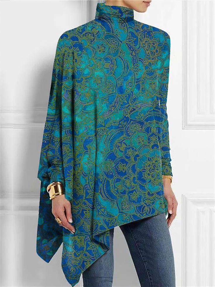 Abstract Floral Printed Turtleneck Asymmetrical Hem Top Blouse Femme 