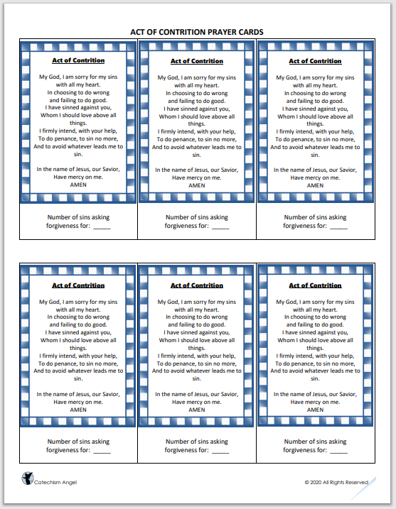 Act Of Contrition Free Printable Prayer Cards Catechism Angel Free