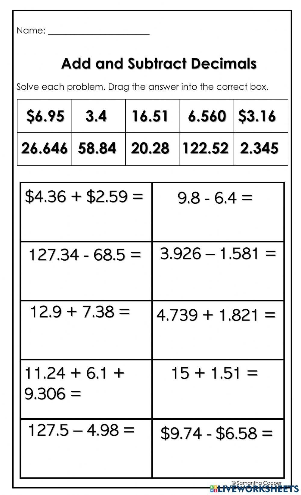 Add And Subtract Decimals Online Exercise Live Worksheets 