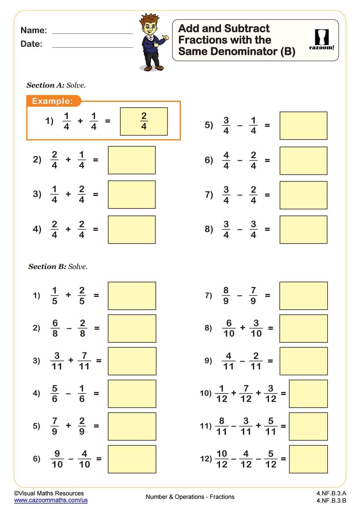 Add And Subtract Fractions B 4th Grade PDF Number And 
