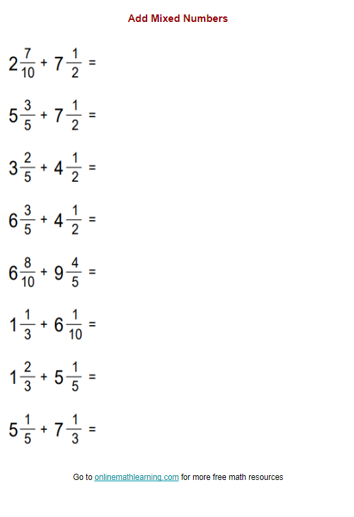 Add Mixed Numbers Worksheet examples Answers Videos Activities 