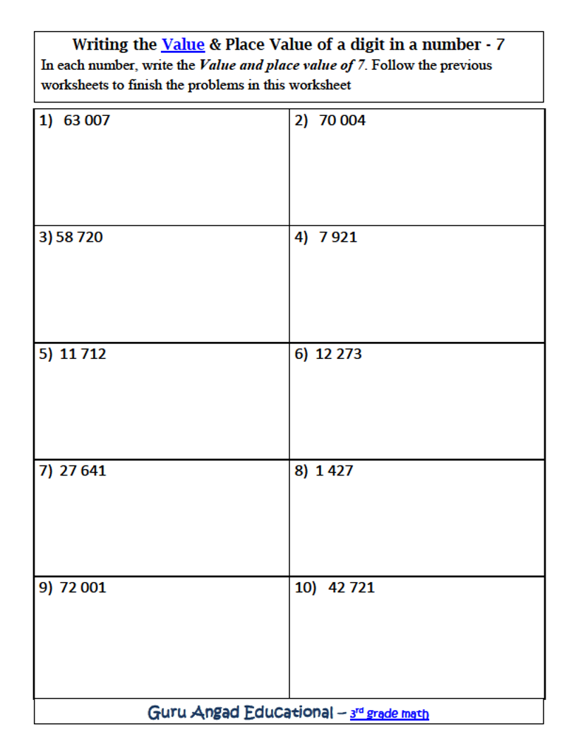 place and place value worksheets