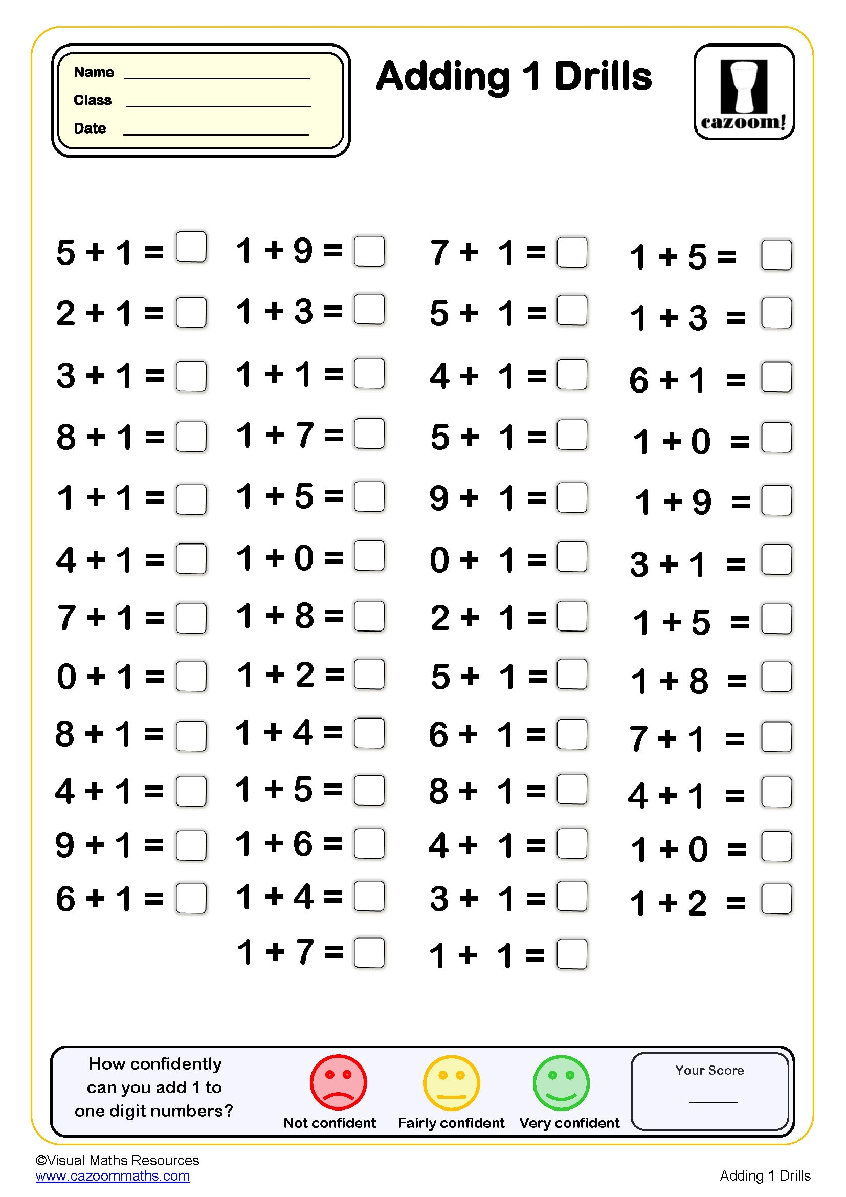 Adding 1 Drills Worksheet 50 Questions PDF Printable Addition 