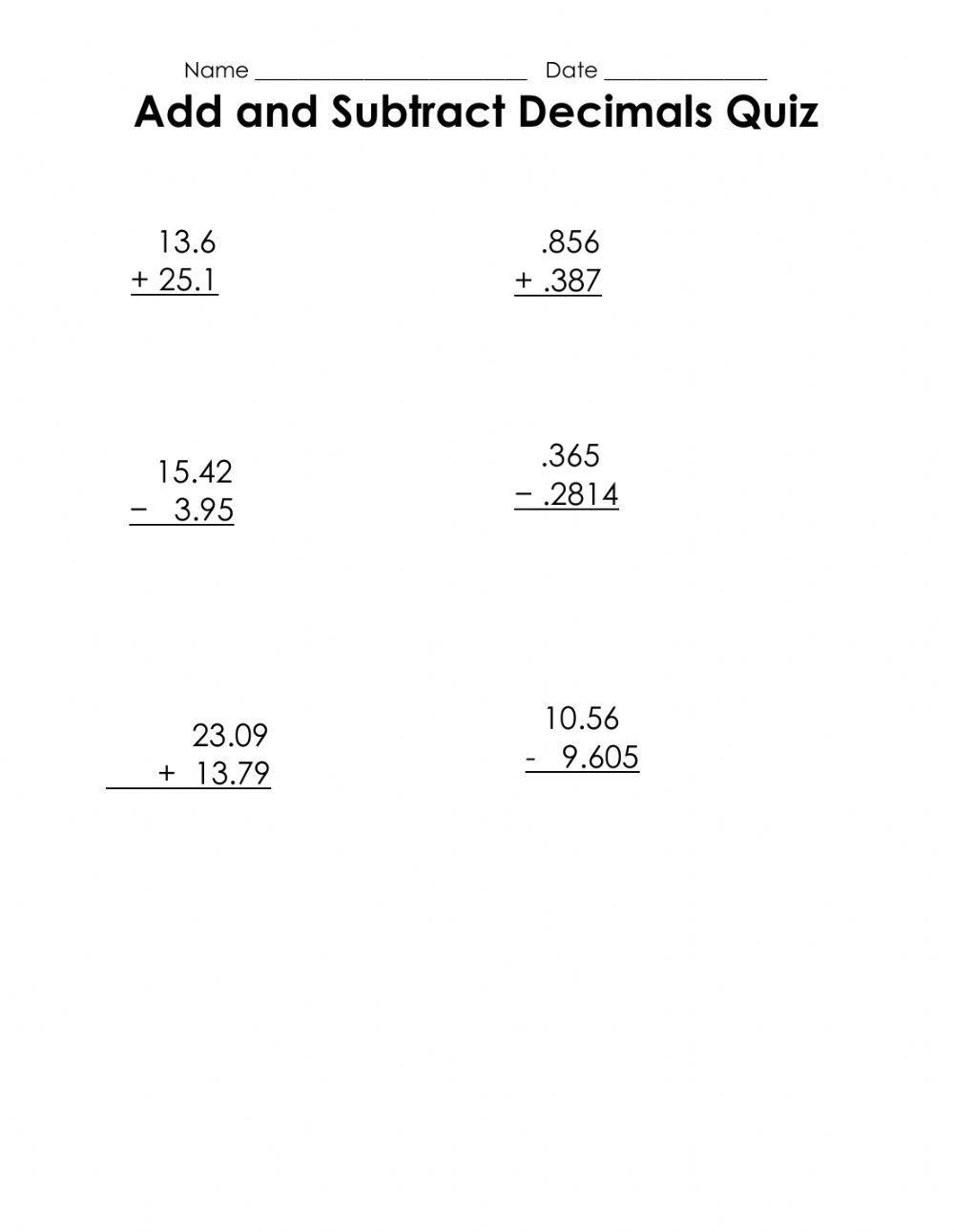 adding subtracting decimals worksheet