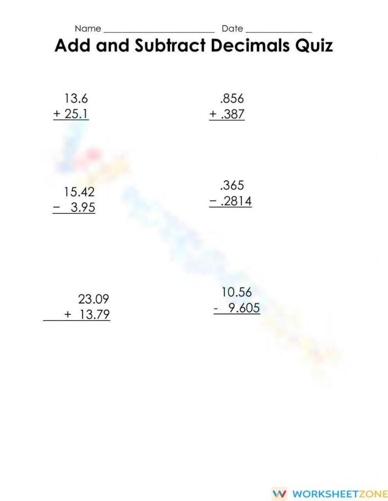 Adding And Subtracting Decimals Worksheet Worksheets Library
