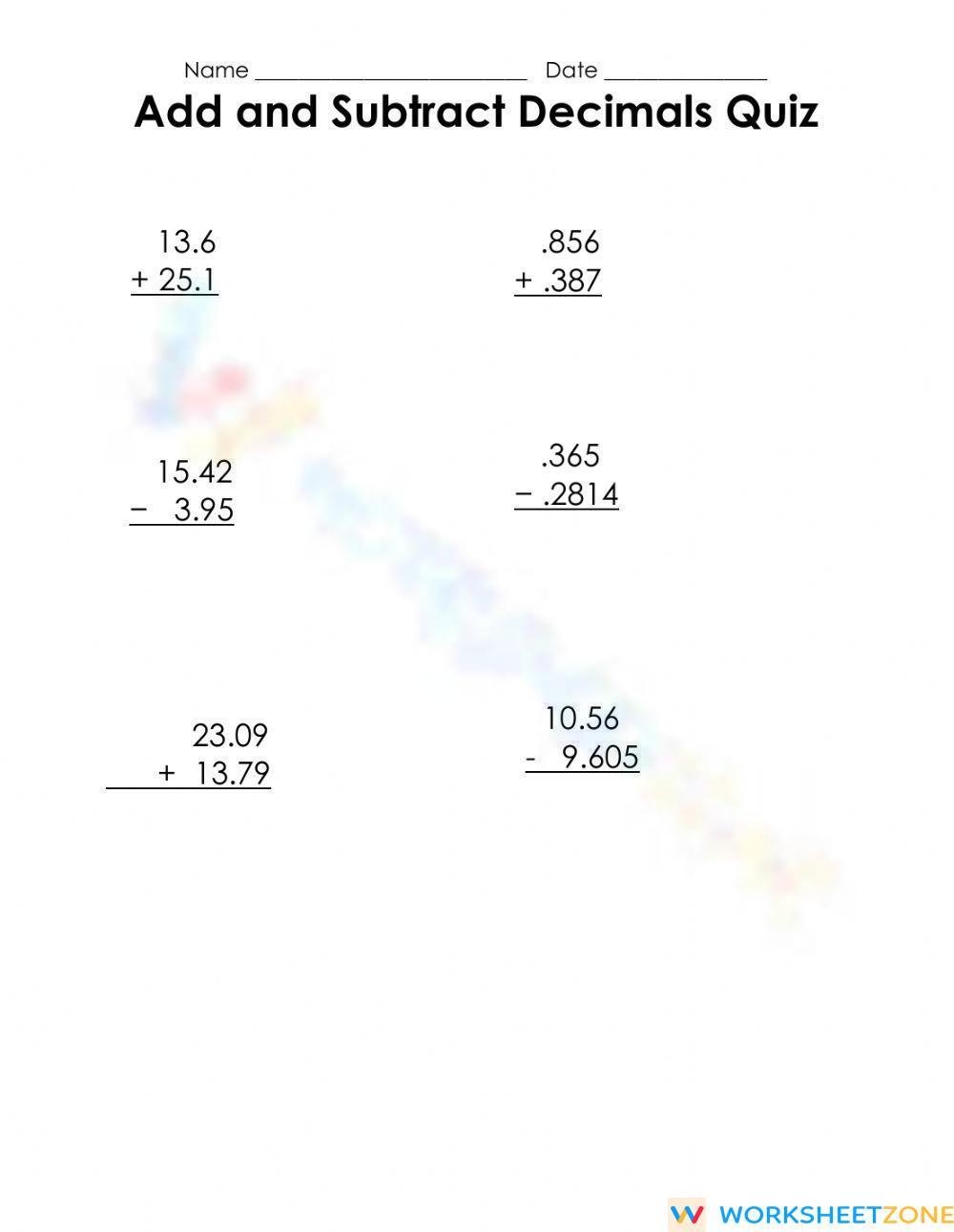 Adding And Subtracting Decimals Worksheet Worksheets Library