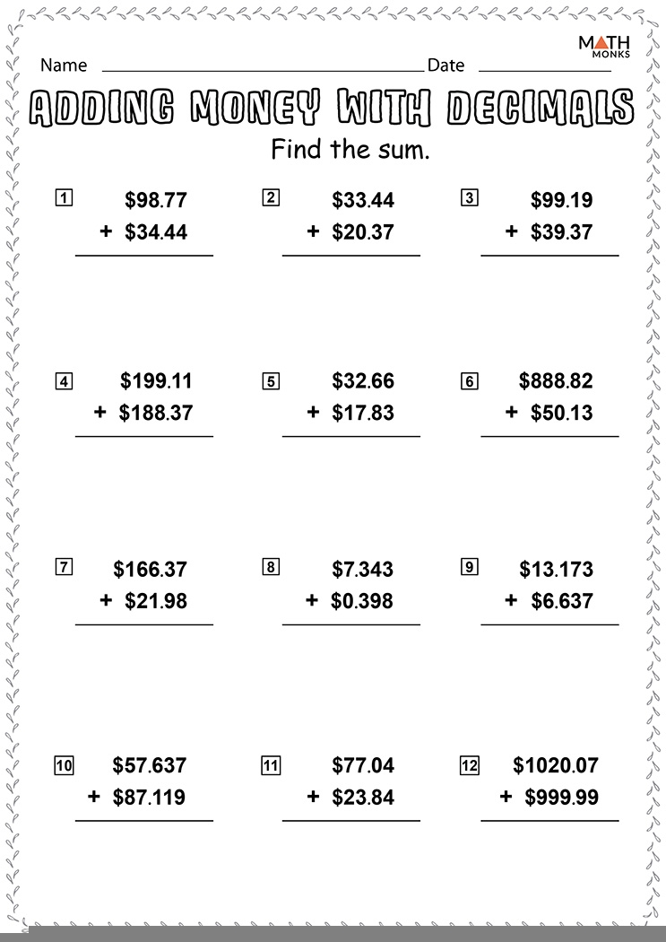 Adding And Subtracting Decimals Worksheets Math Monks 
