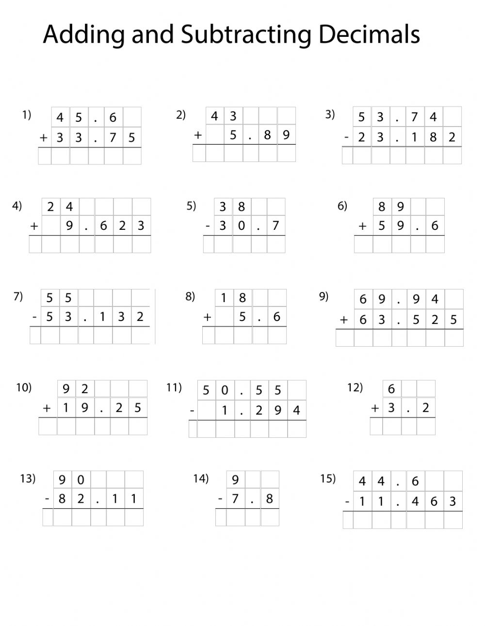 adding decimals worksheets