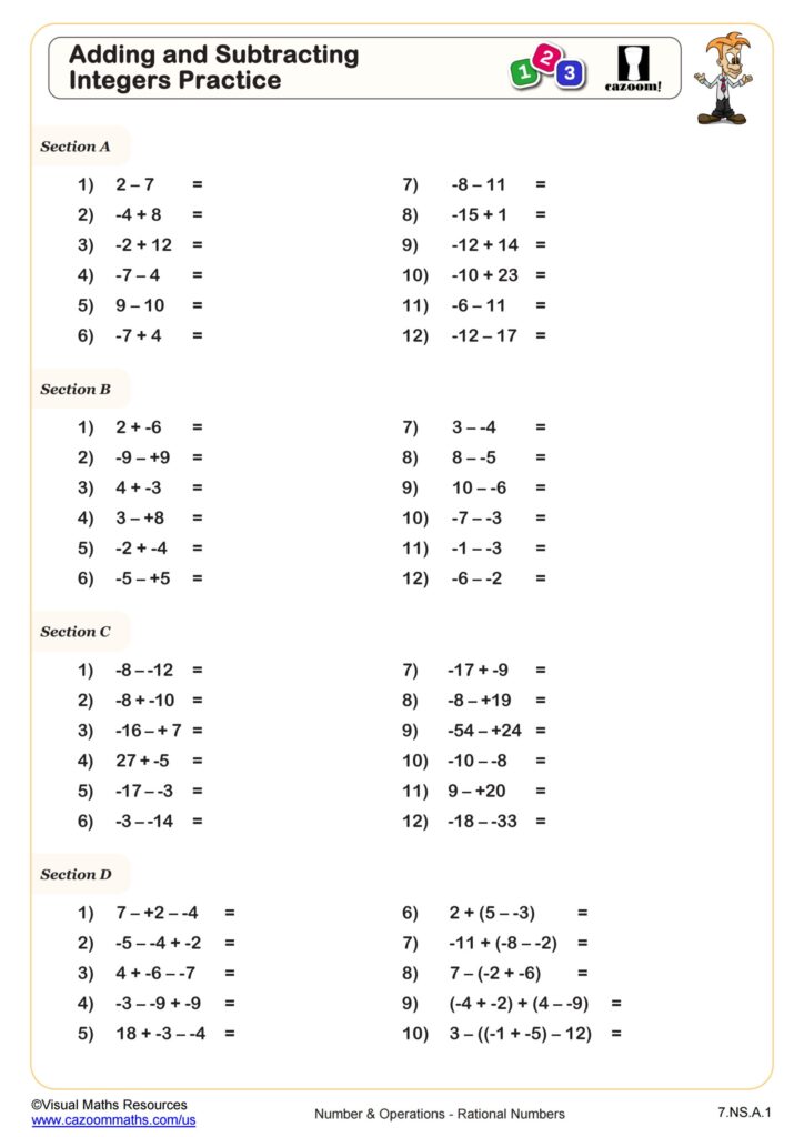 Adding And Subtracting Integers Practice Worksheet 7th Grade PDF