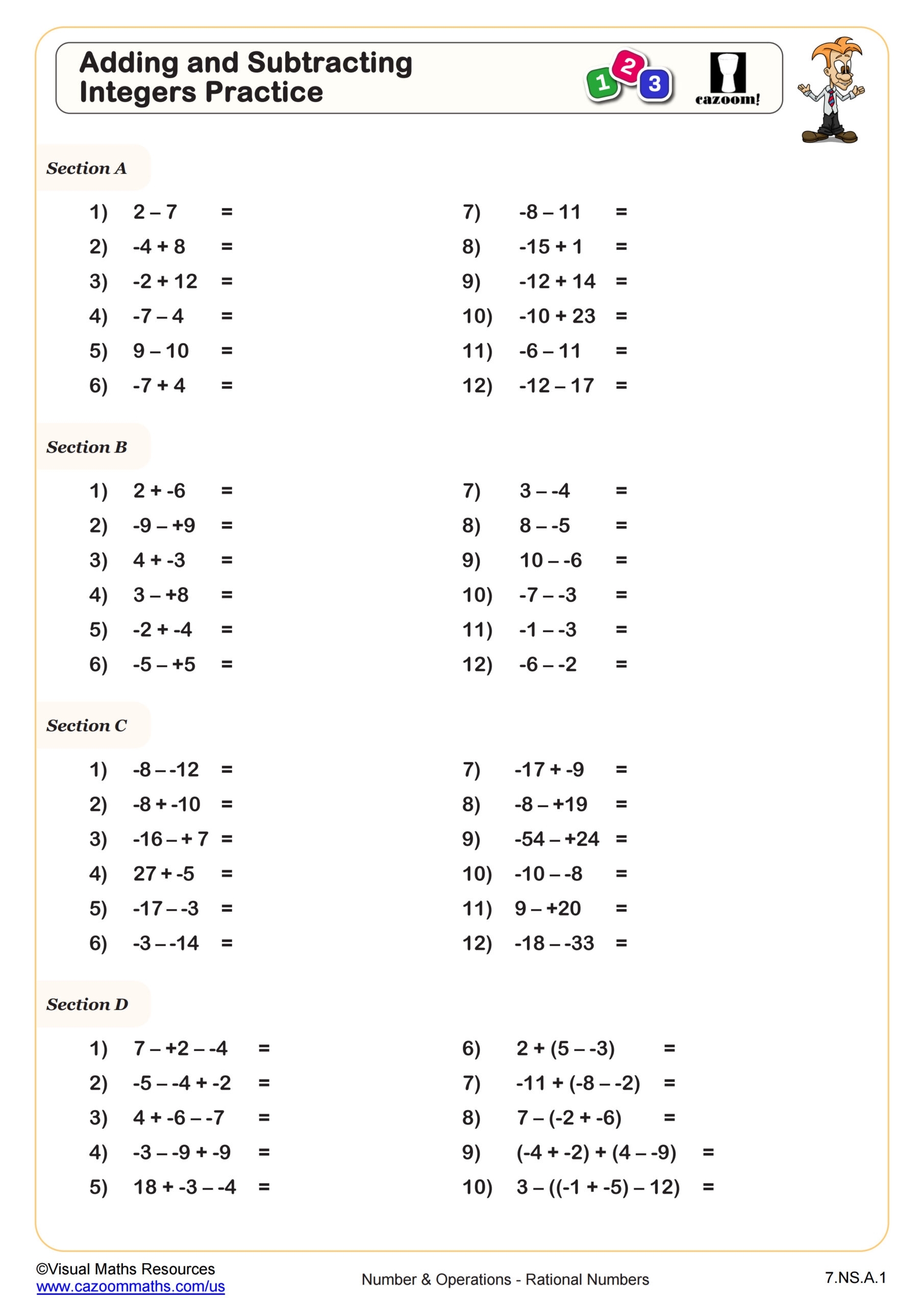 Adding And Subtracting Integers Practice Worksheet 7th Grade PDF 