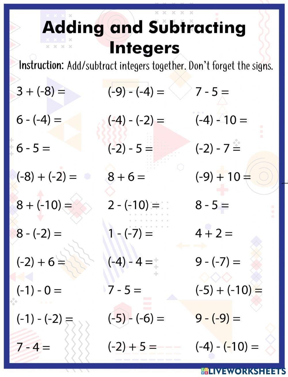 Adding And Subtracting Integers Worksheet For 3 Live Worksheets 