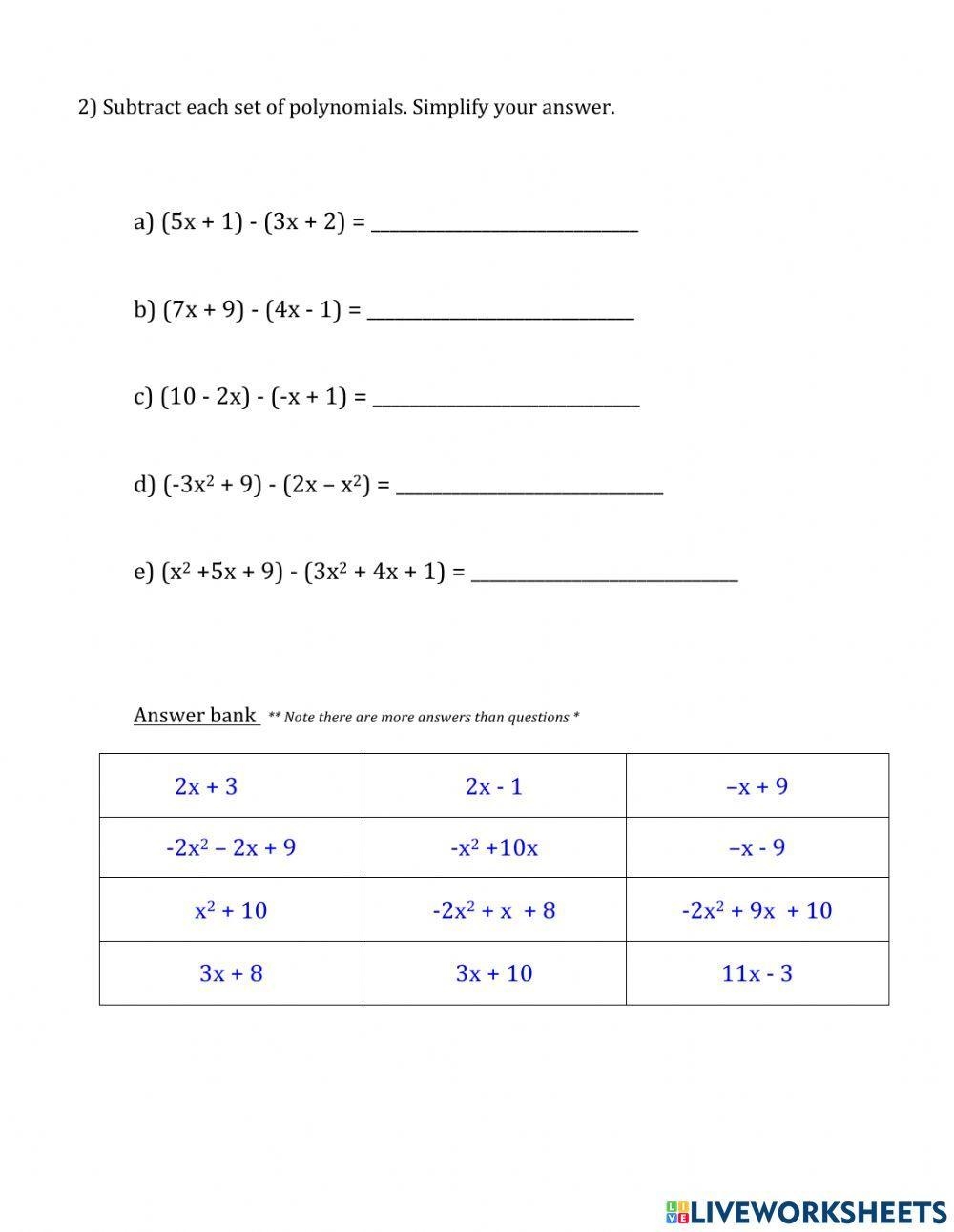 Adding And Subtracting Polynomials Worksheets With Answer Key 