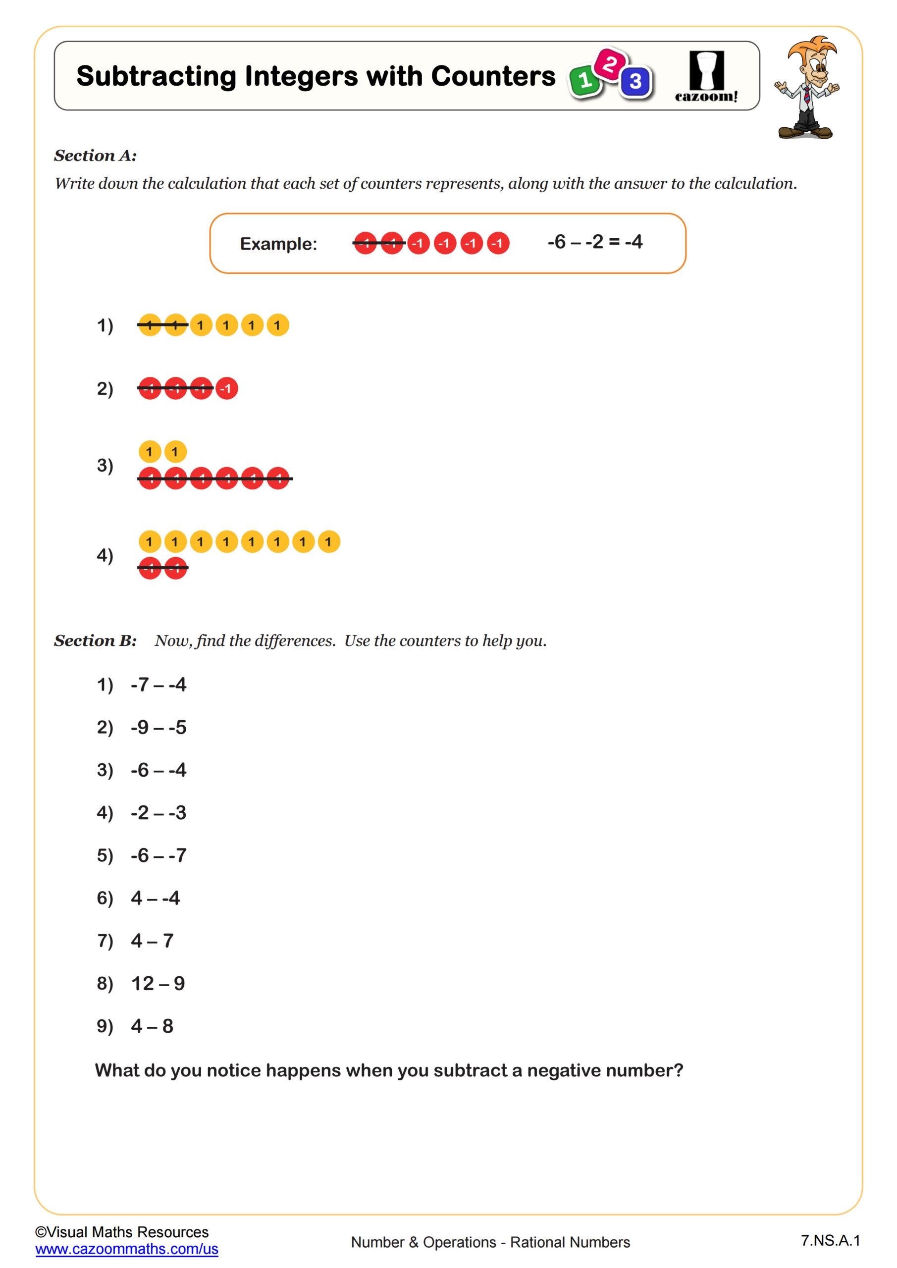 subtracting integers worksheet
