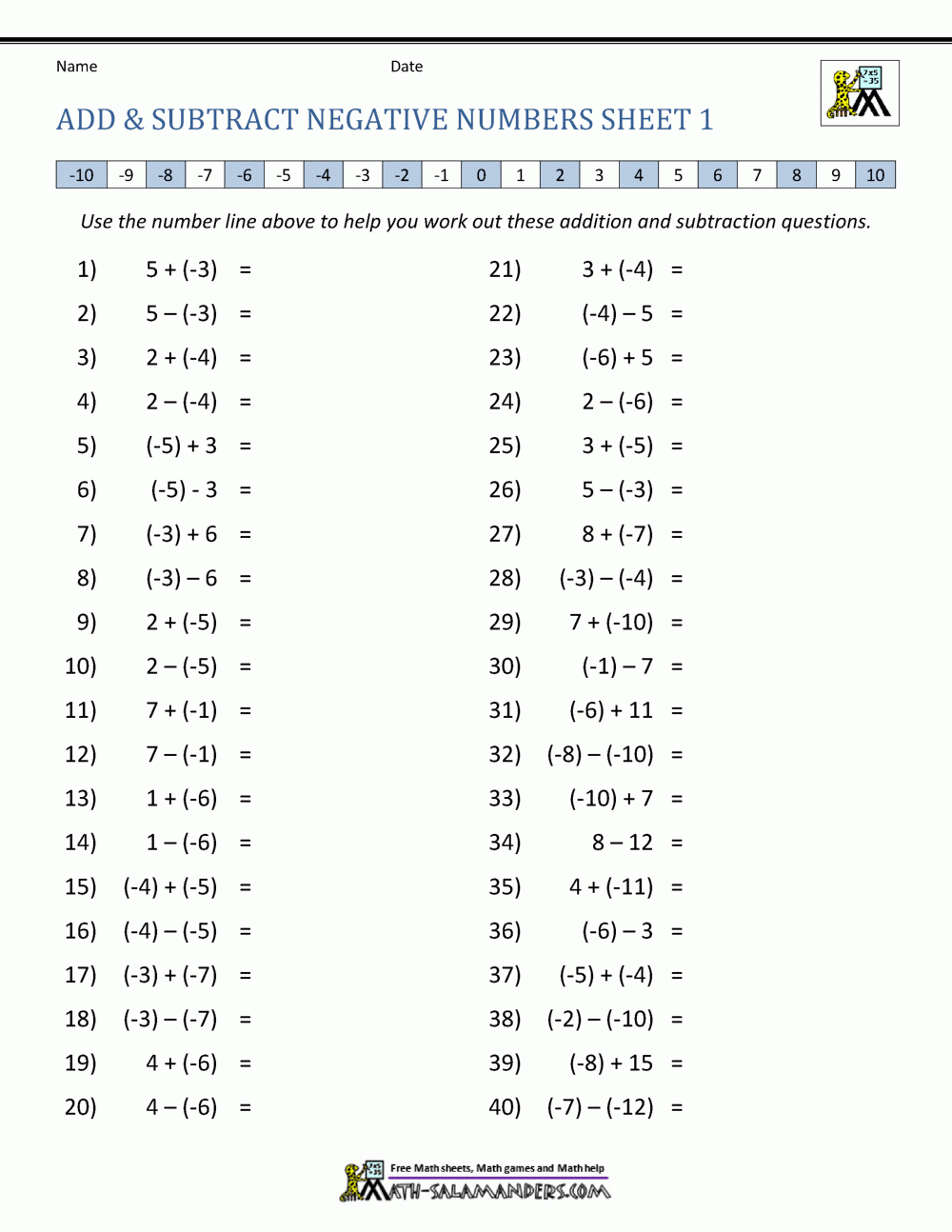 Adding Integers Worksheet Pdf E streetlight