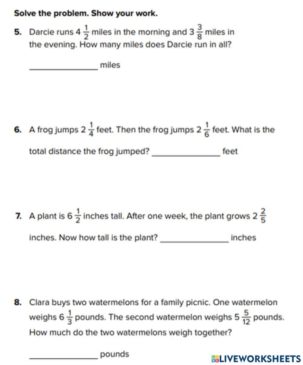 Adding Mixed Numbers With Unlike Denominators word Problems 