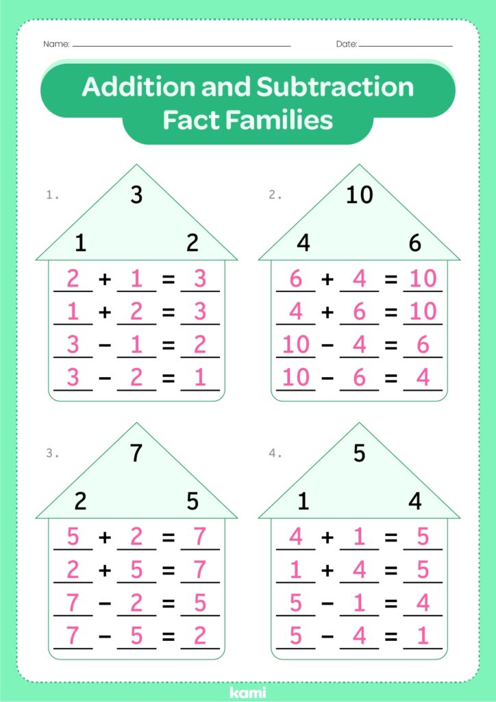 Addition Subtraction Fact Families Answer Key For Teachers