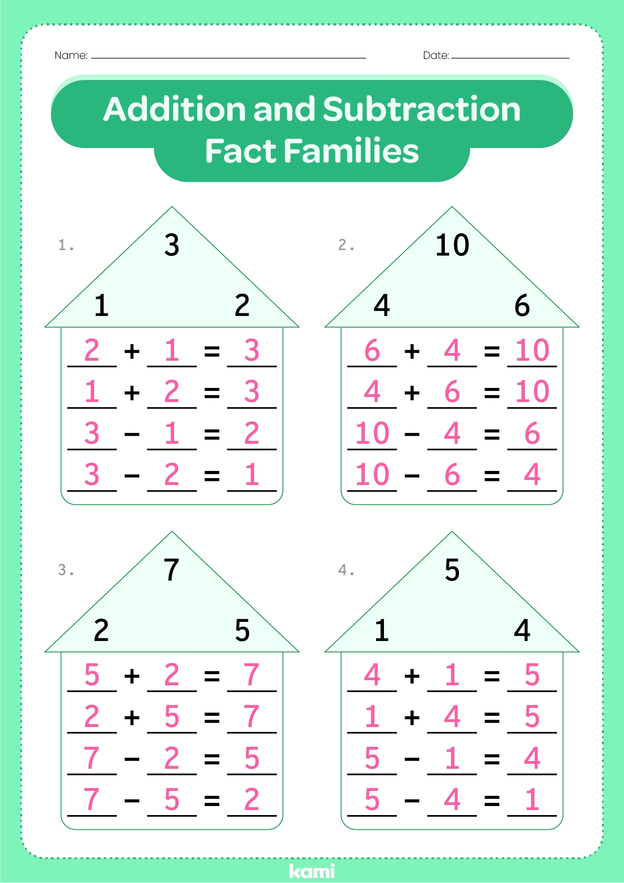 Addition Subtraction Fact Families Answer Key For Teachers