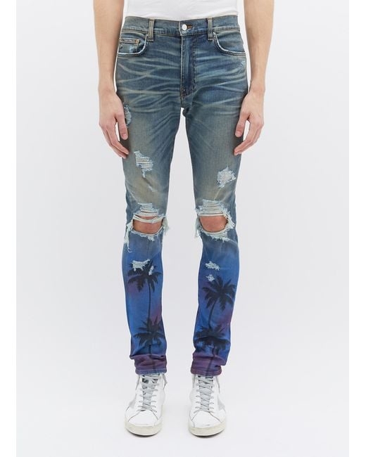 Amiri 39 thrasher 39 Palm Tree Print Ripped Slim Fit Jeans In Blue For Men 