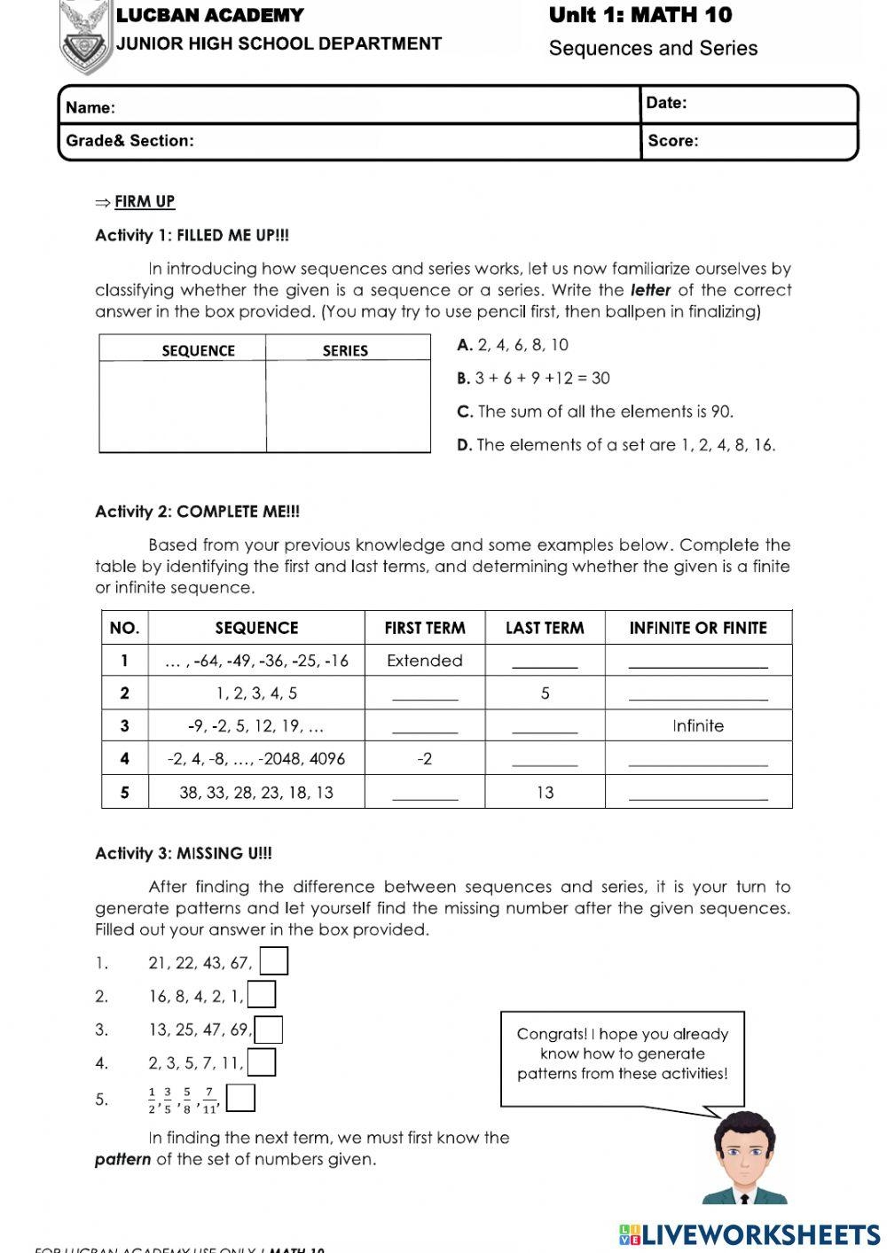 Arithmetic Sequence Series Worksheet Teaching Resources 