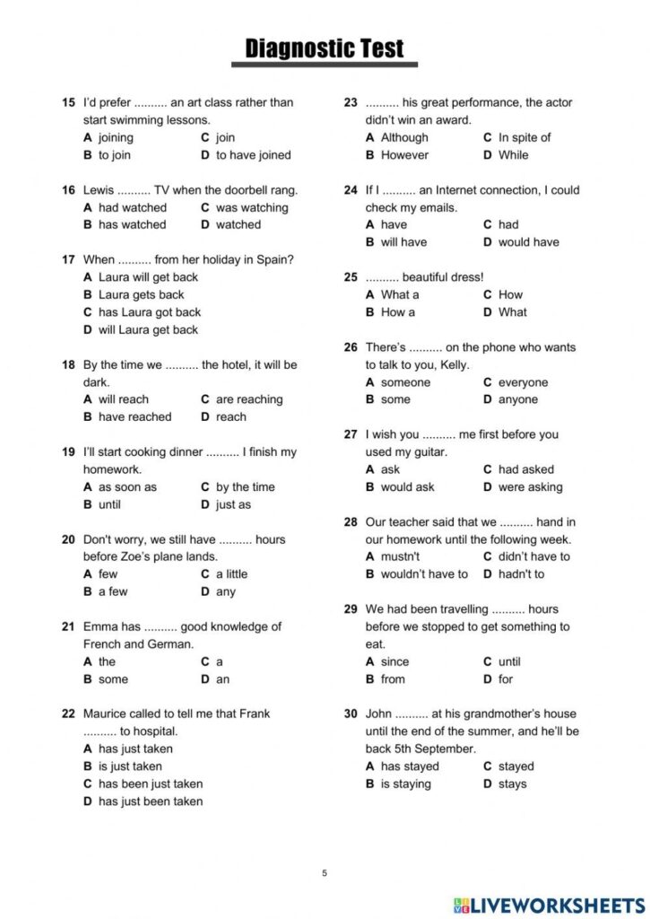 B2 Diagnostic Test Worksheet English Test English Grammar Test