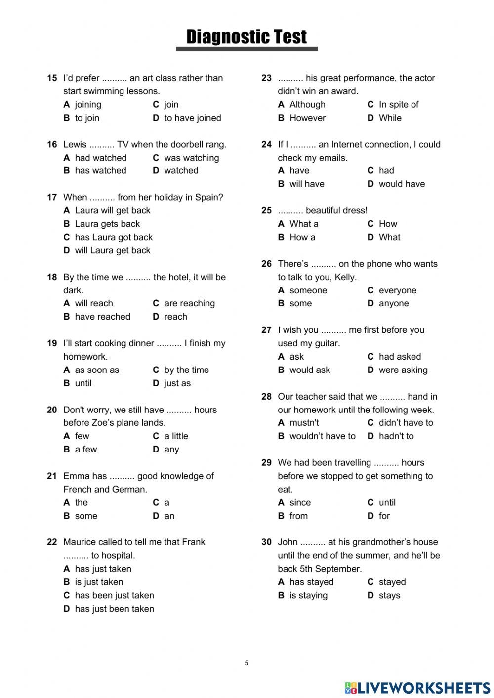 B2 Diagnostic Test Worksheet English Test English Grammar Test 