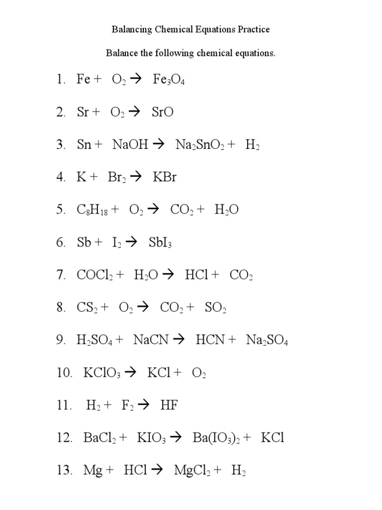 Balancing Chemical Equations Practice Sheet Worksheets Library