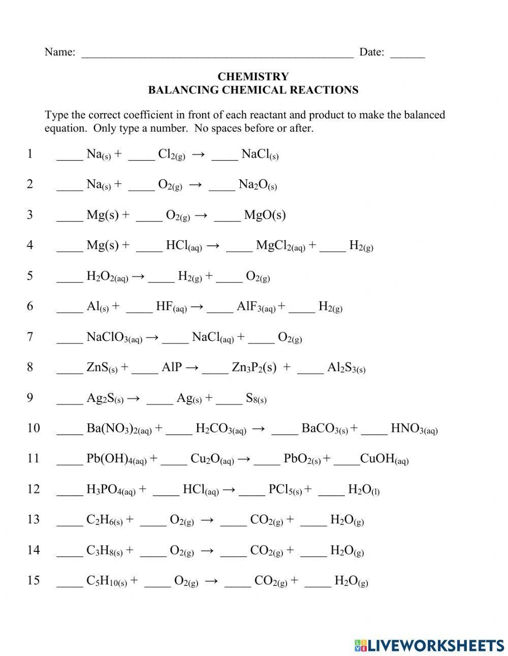 balancing equations worksheet about chemistry