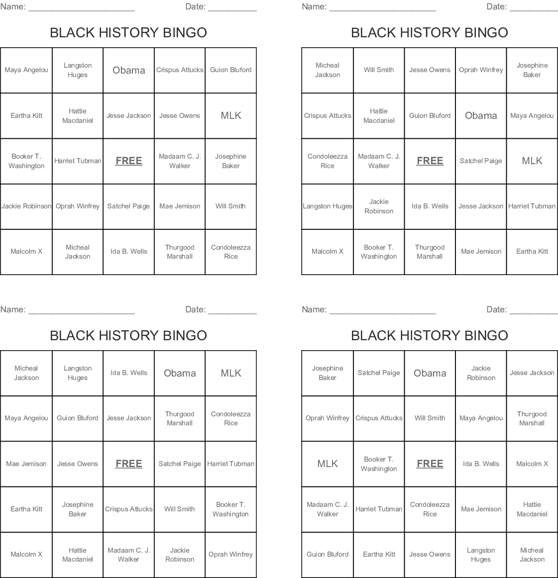Black History Bingo Wordmint Printable Bingo Cards